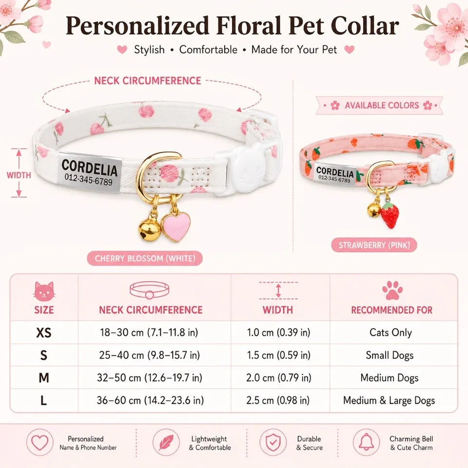 Personalized Engravable Dog Collar With Strawberry Heart Pattern ID Tag