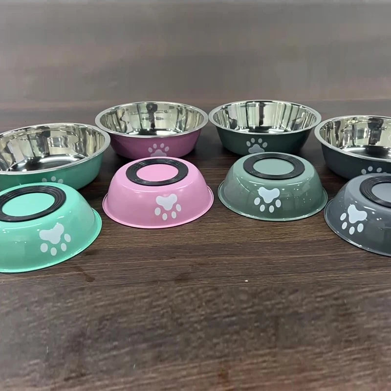 Stainless Steel Paw Print Anti Slip Pet Drinking Bowl