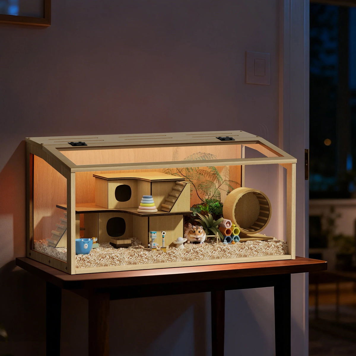 Large Wooden Hamster Cage With Tempered Glass And Led Light