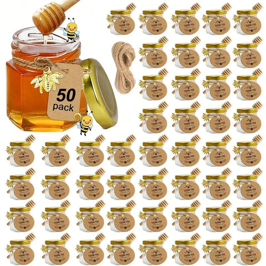 Hexagon Glass Honey Jars With Gold Lids And Wooden Dipper Set