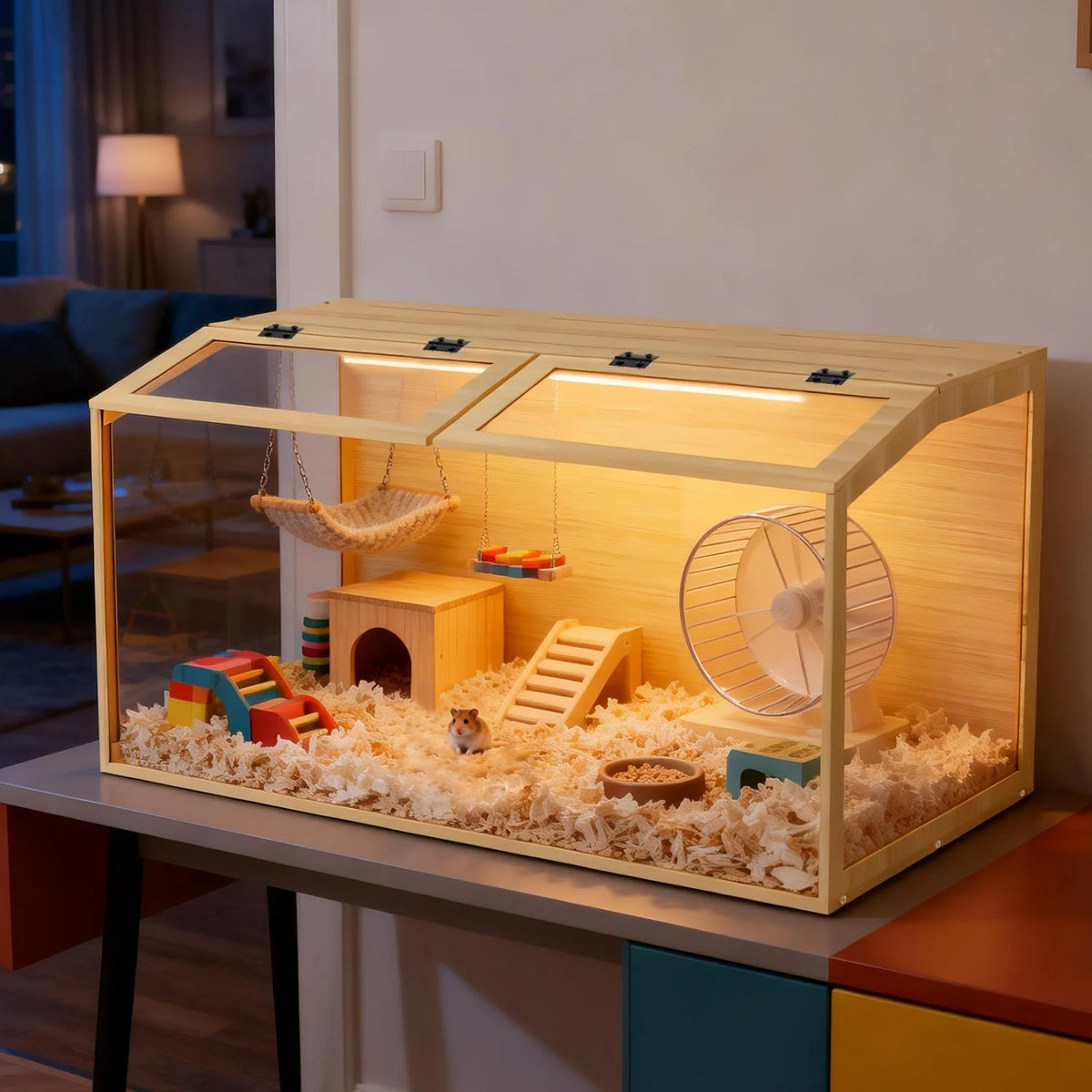 Wooden Tabletop Hamster Guinea Pig Cage With Tempered Glass Panels