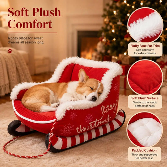 Christmas Dog Sleigh Bed With Soft Plush Calming Raised Sides