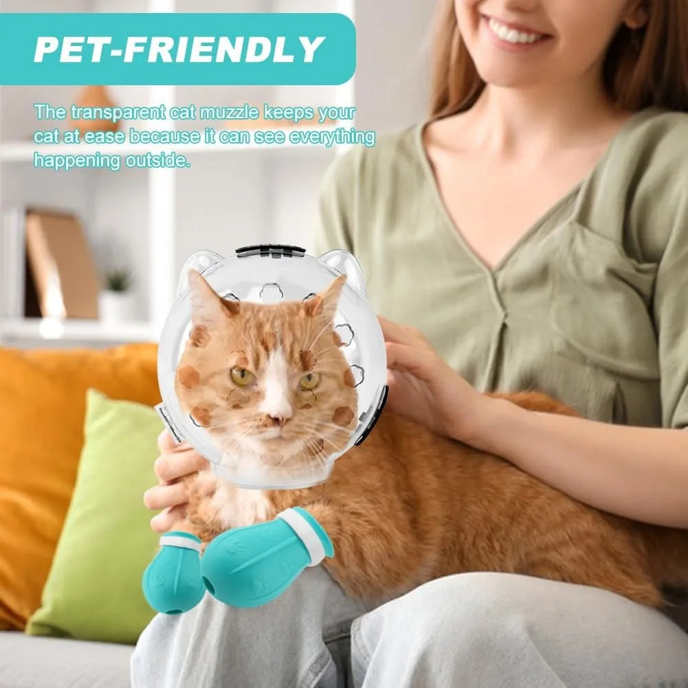 Cat Bubble Muzzle Anti Licking Grooming Helmet Plus Paw Shoes