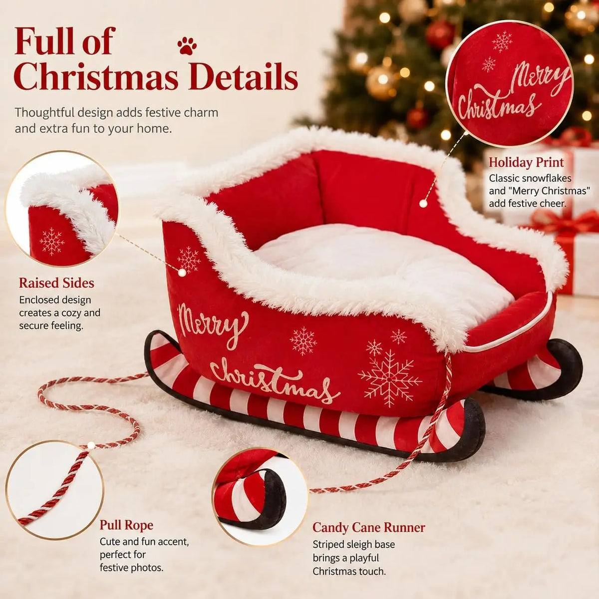 Christmas Dog Sleigh Bed With Soft Plush Calming Raised Sides