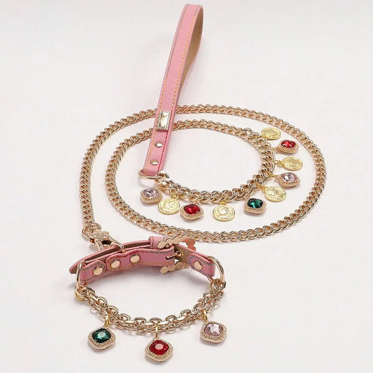 Vintage Rhinestone Dog Collar And Leash Set Chain Gem Pendant