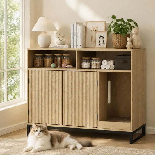 Modern Wooden Cat Litter Box Enclosure With Integrated Scratching Pad