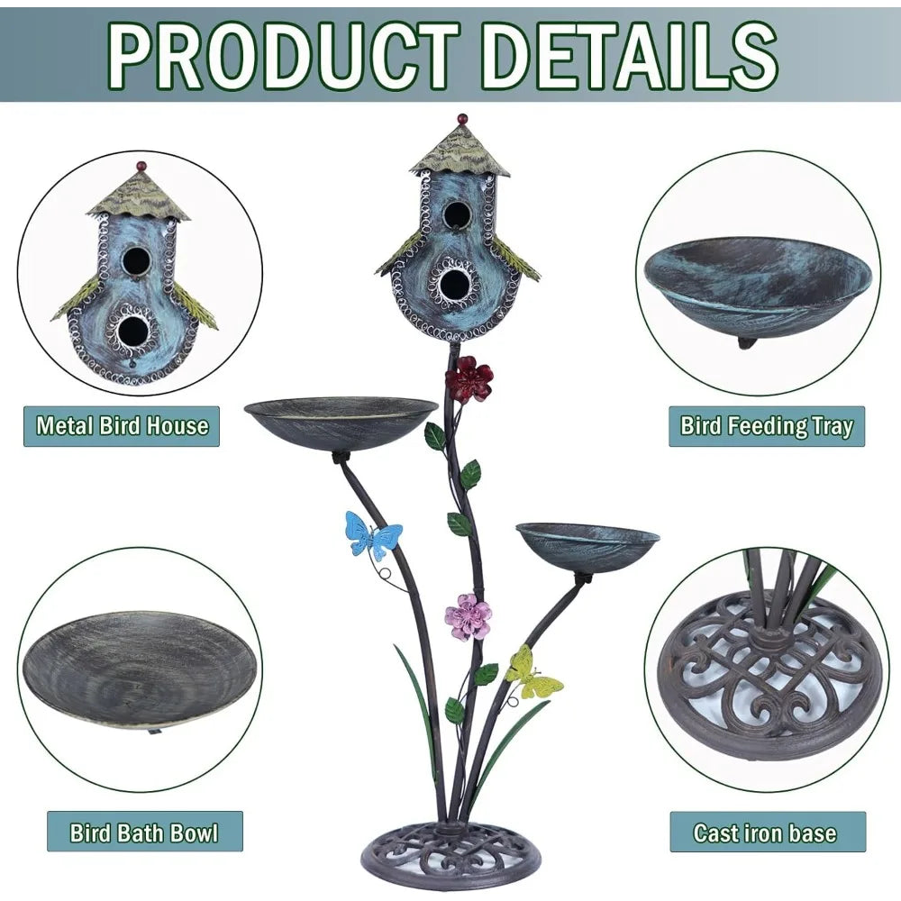 Durable 38" Metal Birdbath With Integrated Bird Feeder And Houses For Garden