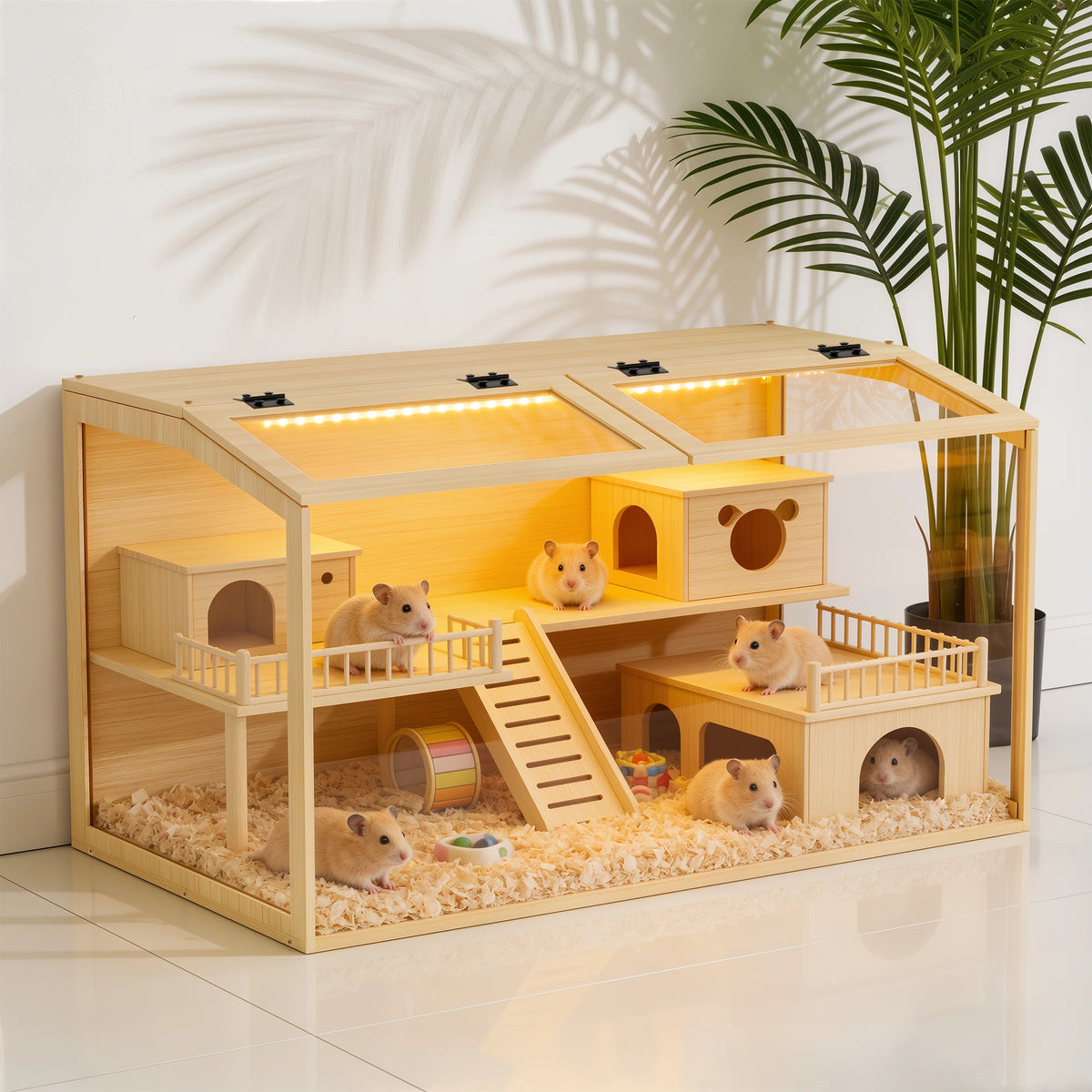 Large Wooden Hamster Cage With Tempered Glass And Led Light