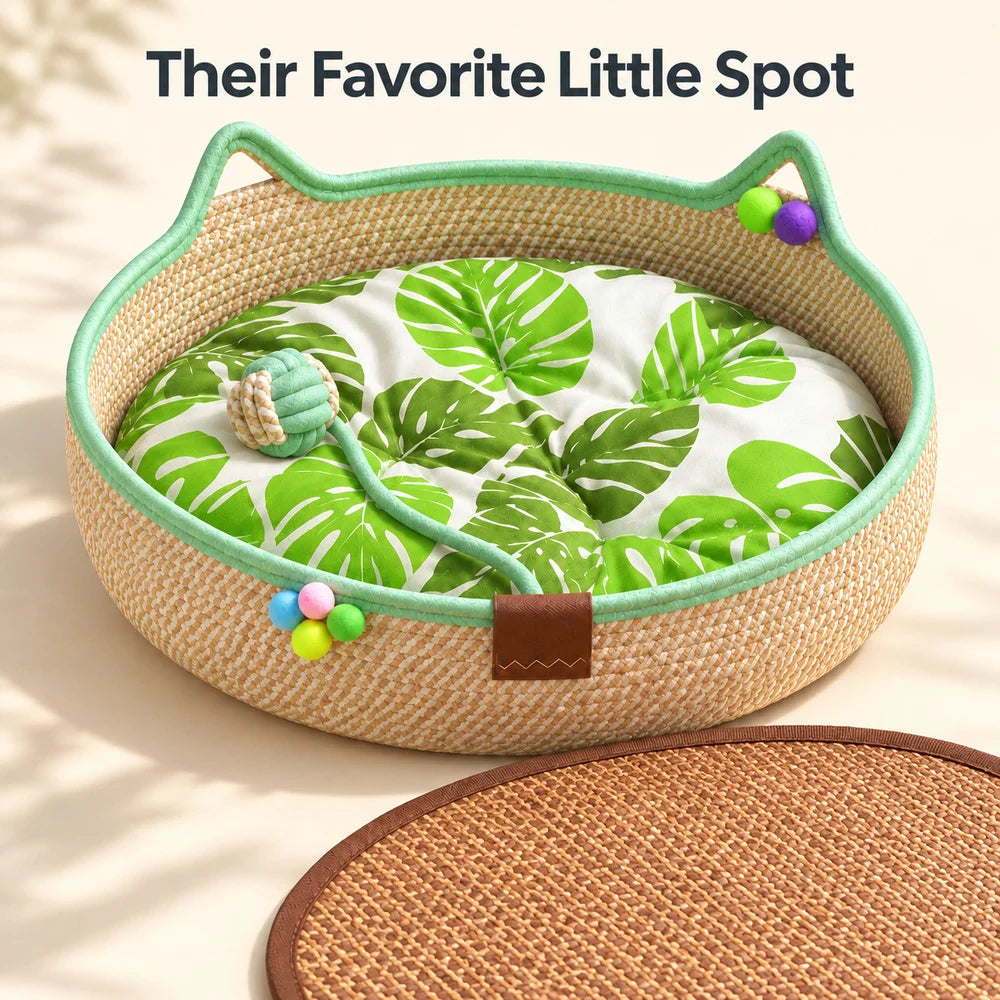 Round Woven Cat Bed With Ear Design Indoor Cat Lounger