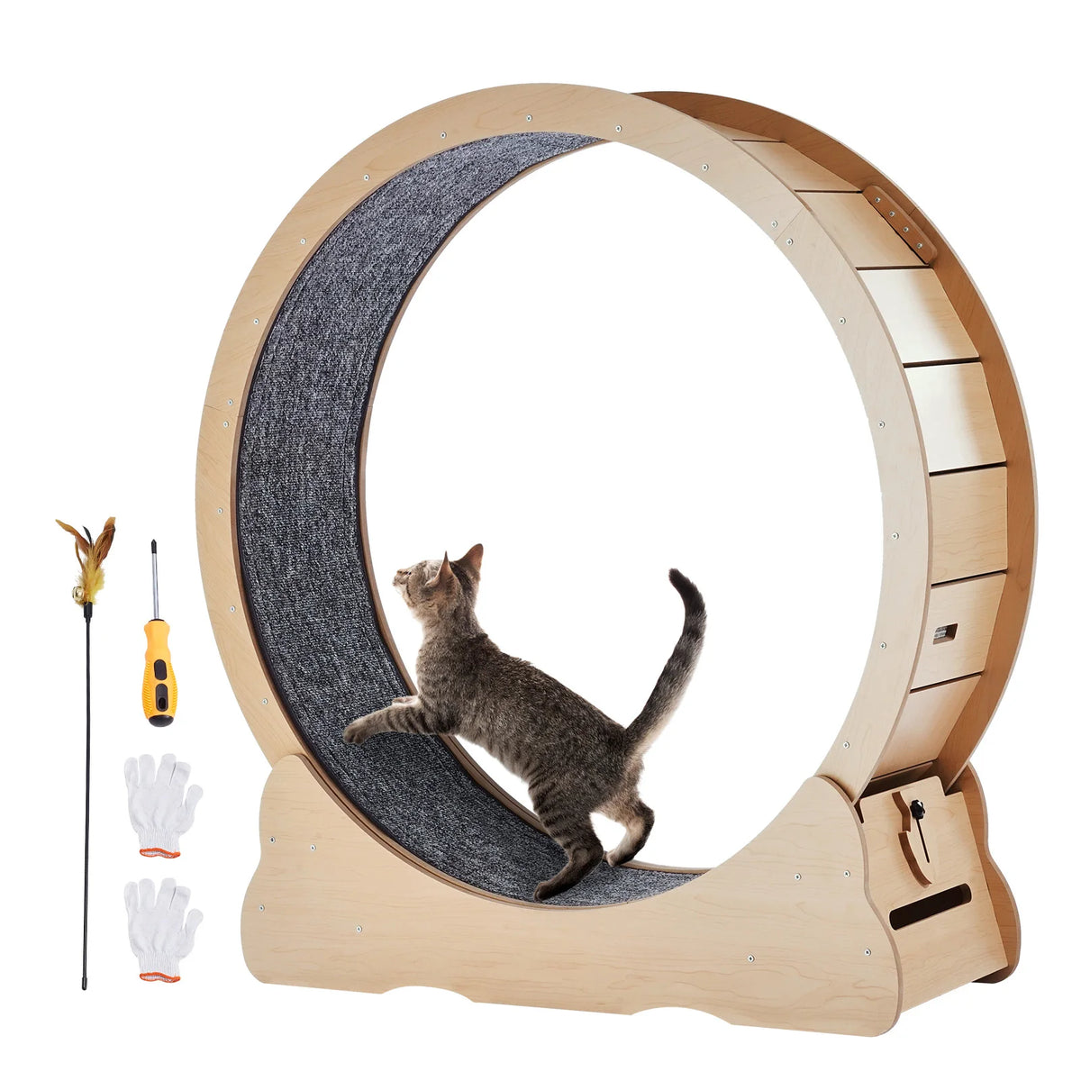 Wooden Indoor Cat Exercise Wheel With Carpet Surface And Teaser