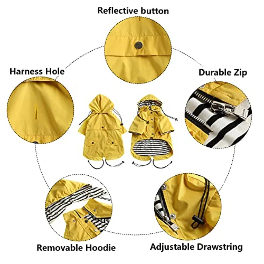 Dog Raincoat With Reflective Buttons And Removable Hood