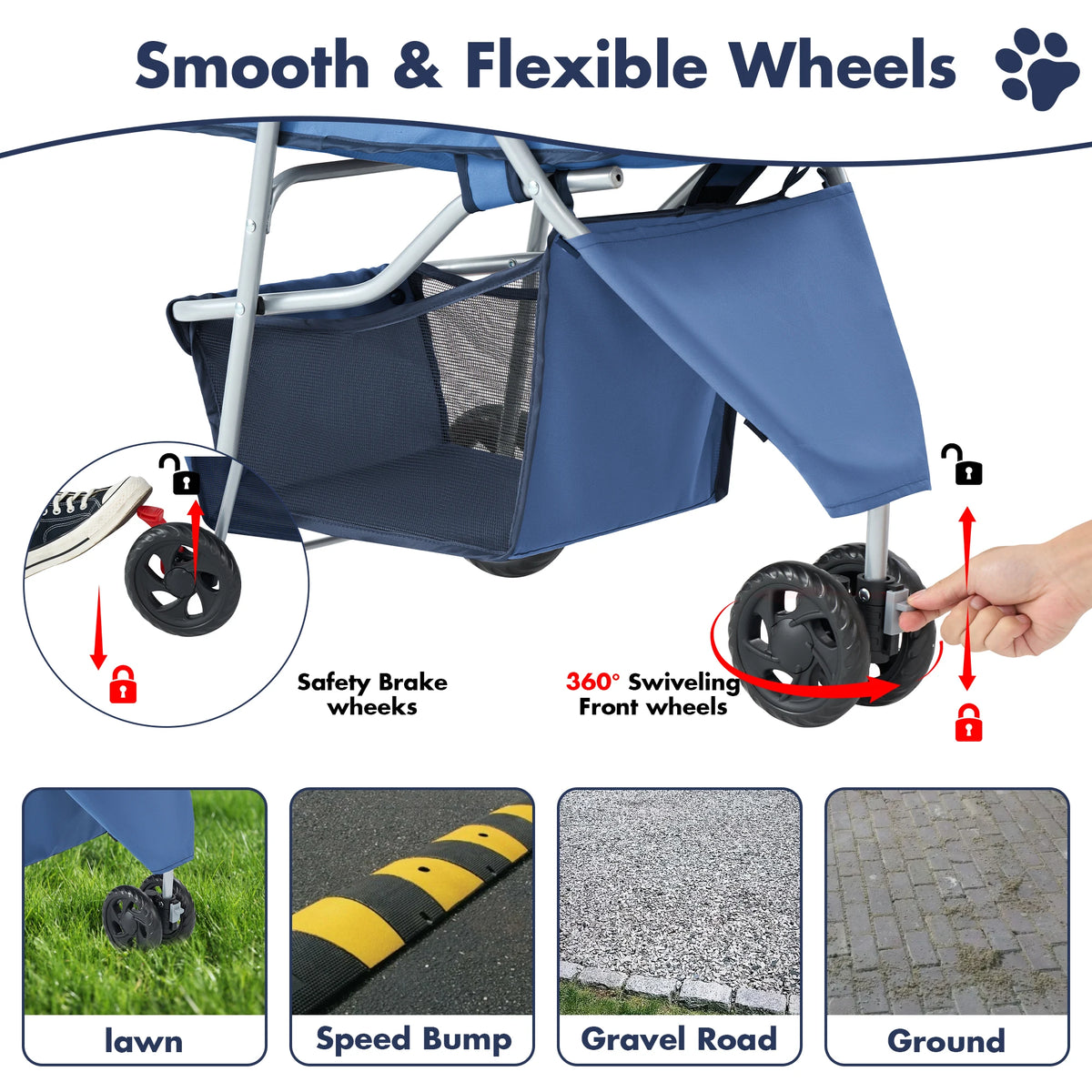 Foldable Three Wheel Pet Stroller With Mesh Vents Storage Basket