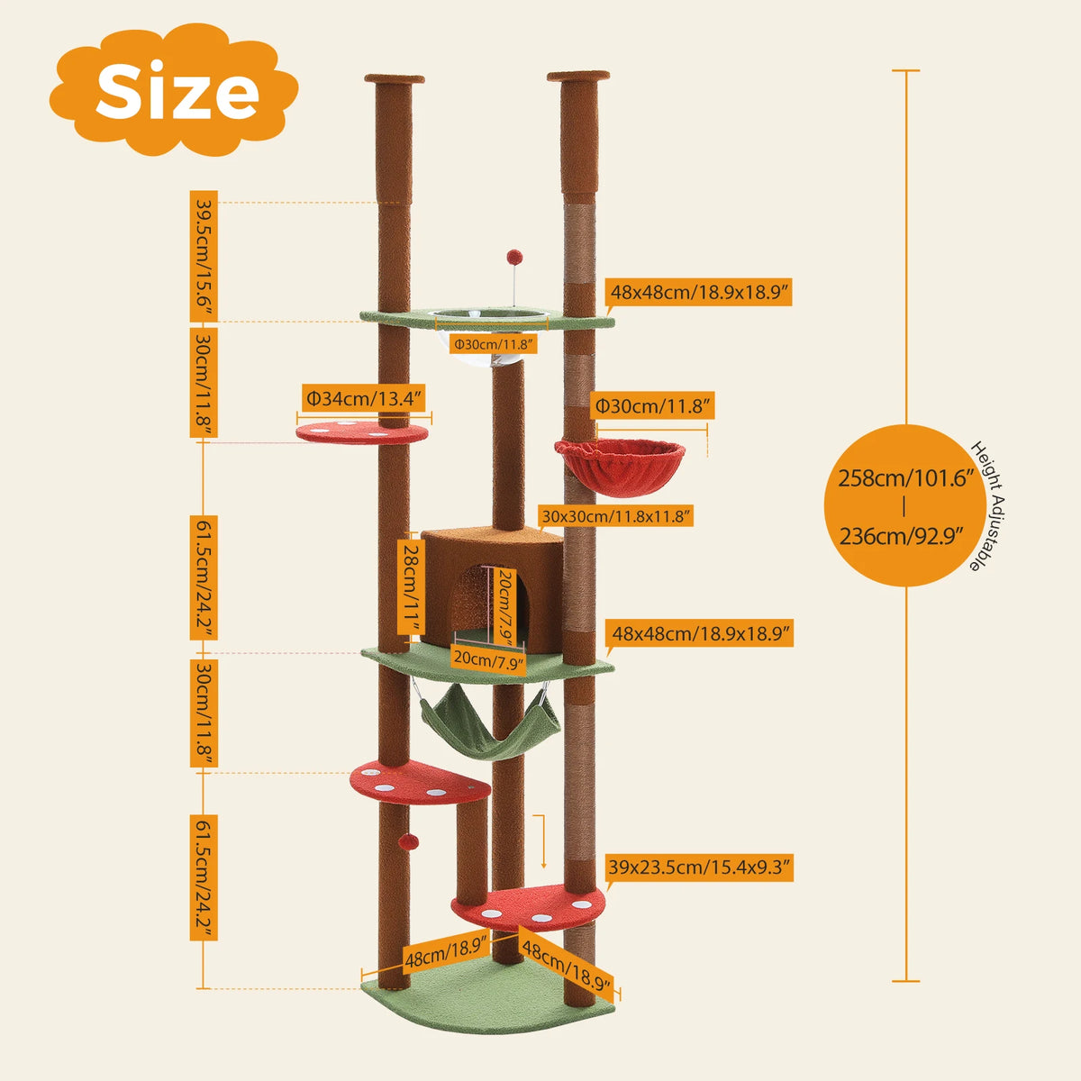 PAWZ Road Adjustable Height Cat Tree With Sisal Scratching Posts