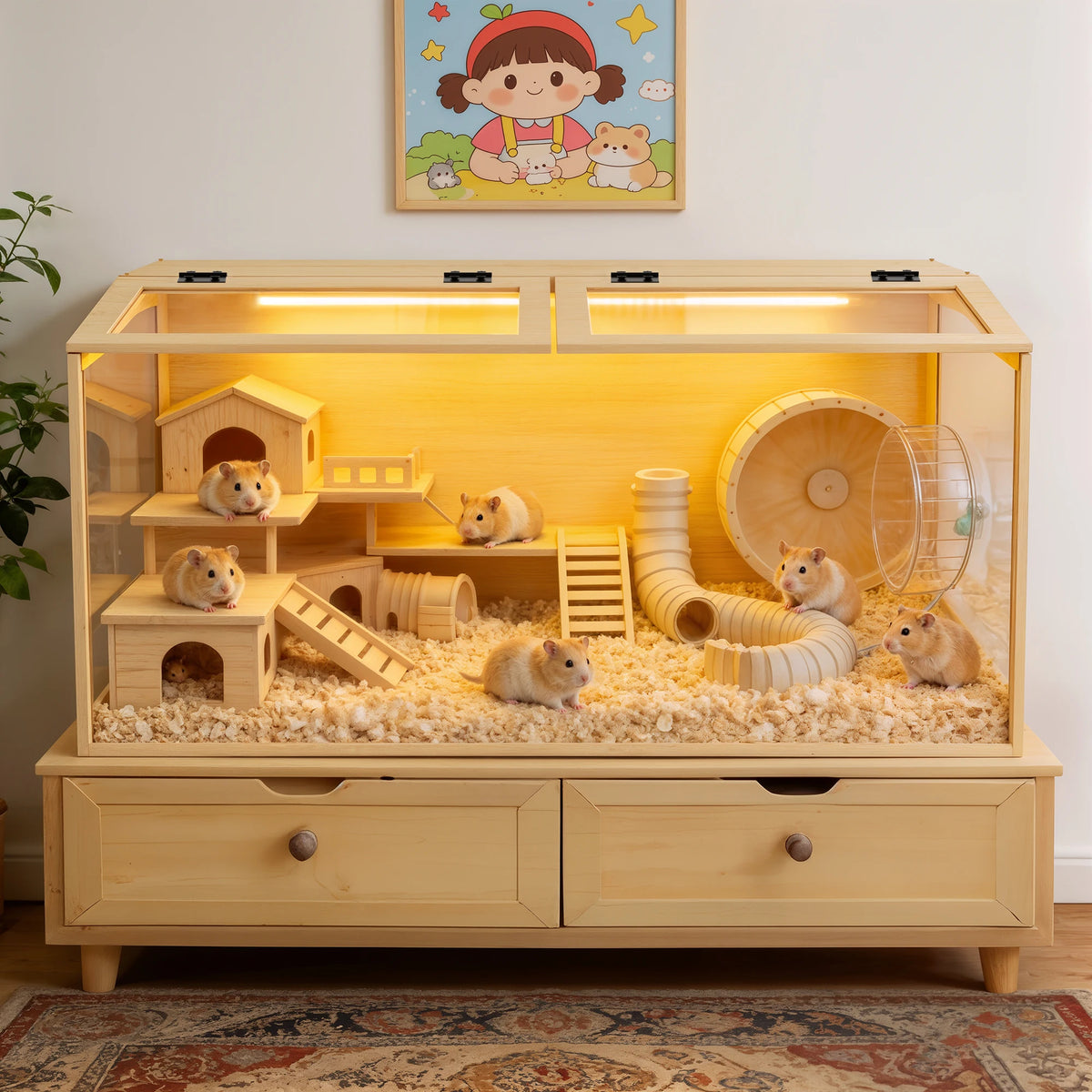 Large Wooden Hamster Cage With Tempered Glass And Led Light