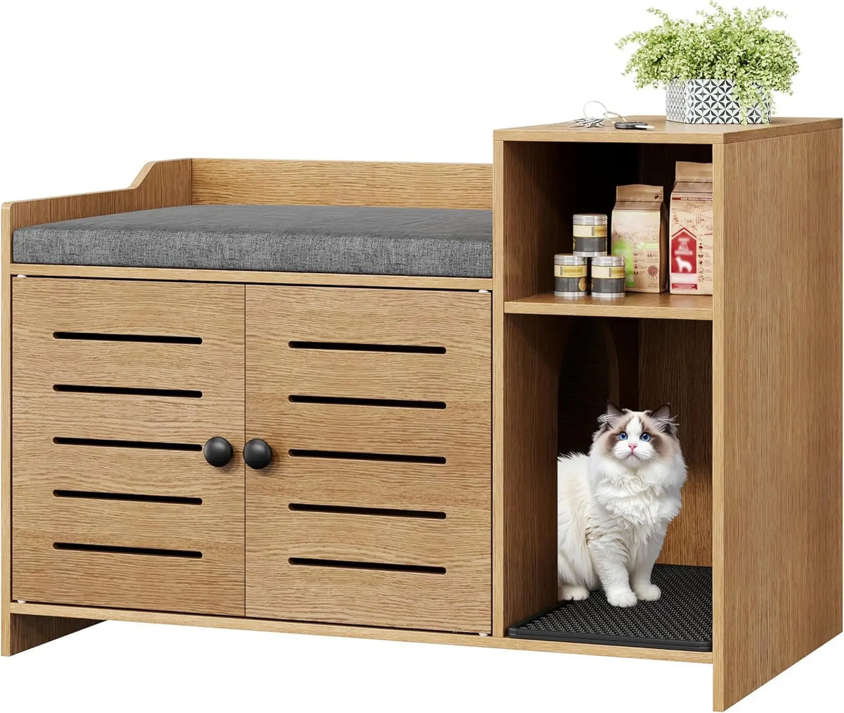 Farmhouse Cat Litter Box Enclosure With Storage And Scratch Pad