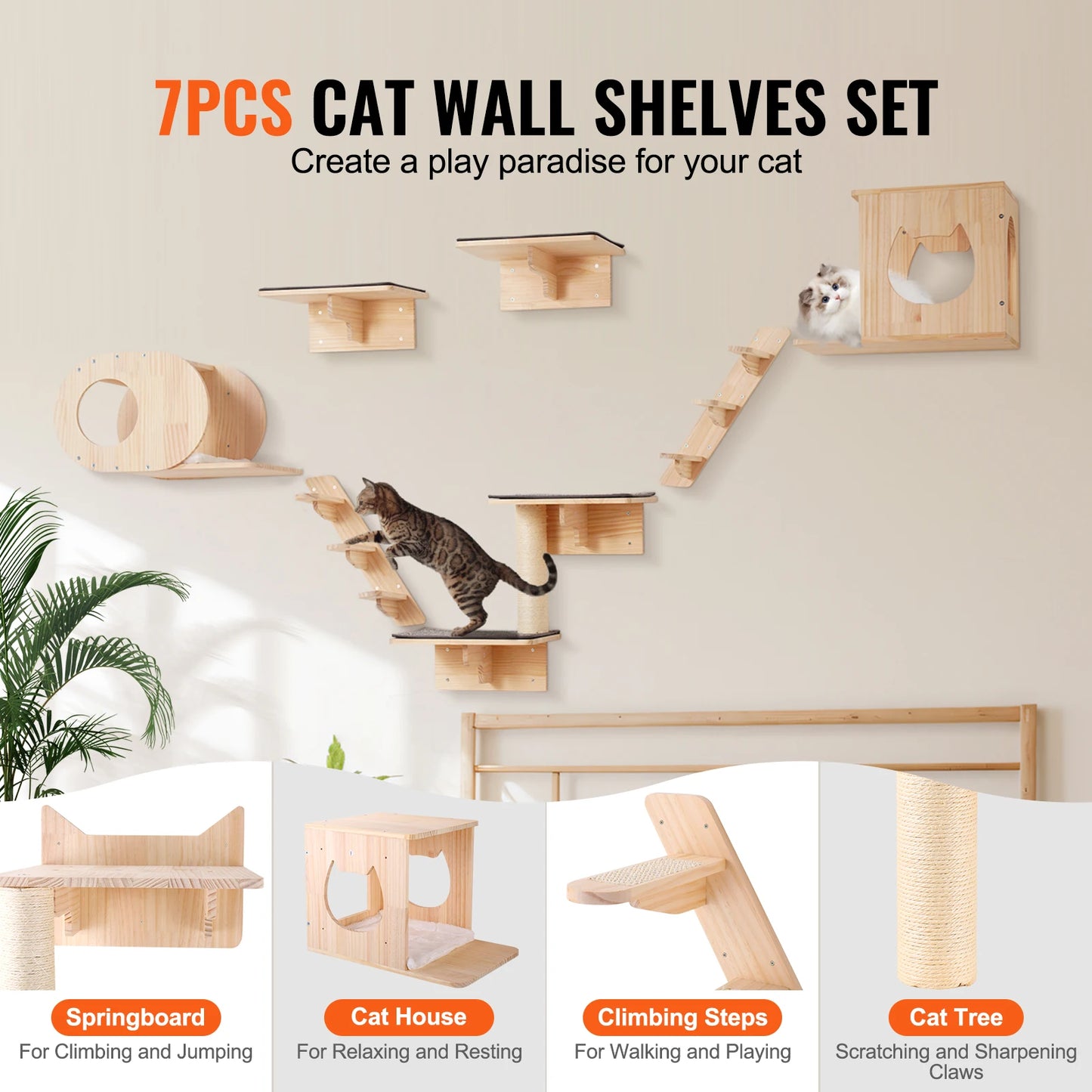 SucceBuy Wall Mounted Double Tier Cat Shelves with Hammocks